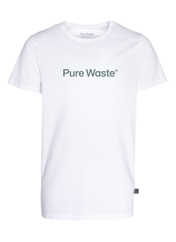 A white unisex T-shirt with a sage green logo print