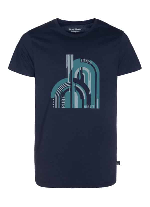 A blue T-shirt with a water inspired print