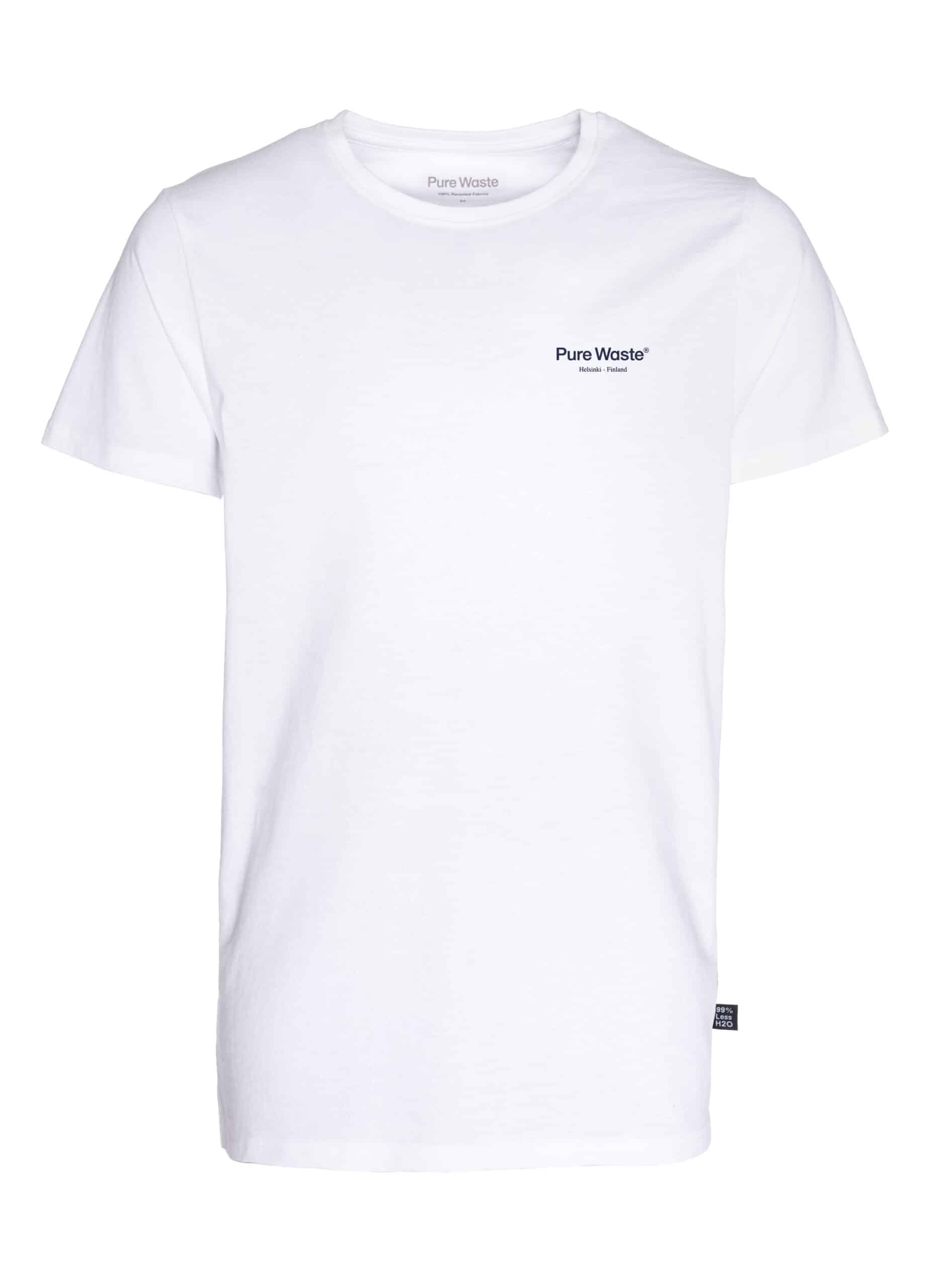 TSMS4SBL00-white (1) A white unisex T-shirt with a blue logo print