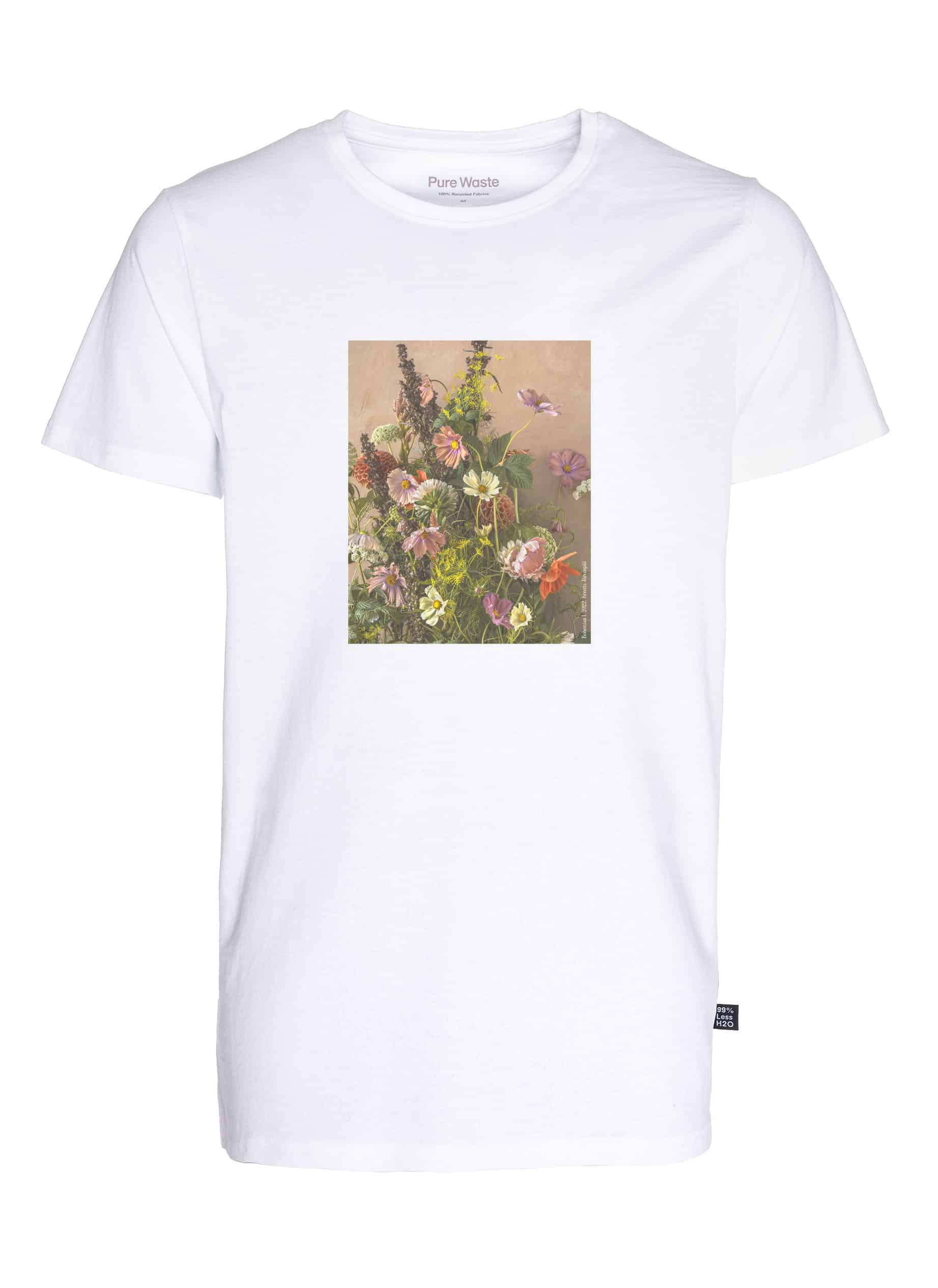 Bohemian_I_Men’s_T-Shirt_white Valkoinen T-paita, jossa kukkaprintti Kreetta Järvenpää